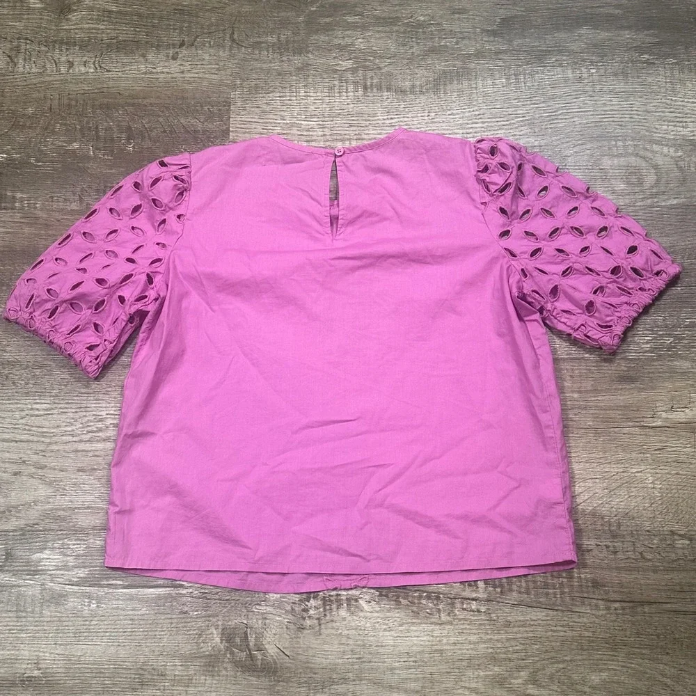 Loft Pink Eyelet‎ Puff Sleeve Cotton Top Womens Small XS Short Sleeve Crew Neck